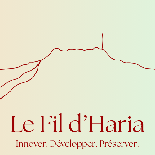 Logo représentant le contour de la Rhune dessiné par un trait de crayon de couleur claire sur fond rouge foncé. Angle visible depuis le Pays Basque intérieur. Le trait de contour se termine sur le texte "Le Fil d'Haria", suivi d'un sous-titre : "Partenaire de votre activité touristique". Le slogan est indiqué en bas à droite : "Innover. Développer. Préserver." Redirection vers la page d'accueil.